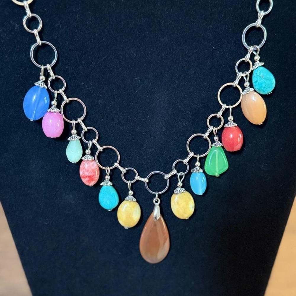 Eye catching Multicolor Stone Dangle Drop Silver Necklace